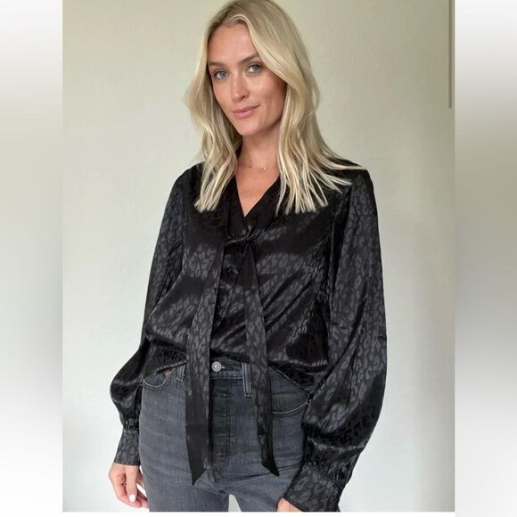 SIX FIFTY CLOTHING Black Neck Tie blousy sateen Freya Top‎ size Small New! - Picture 1 of 9